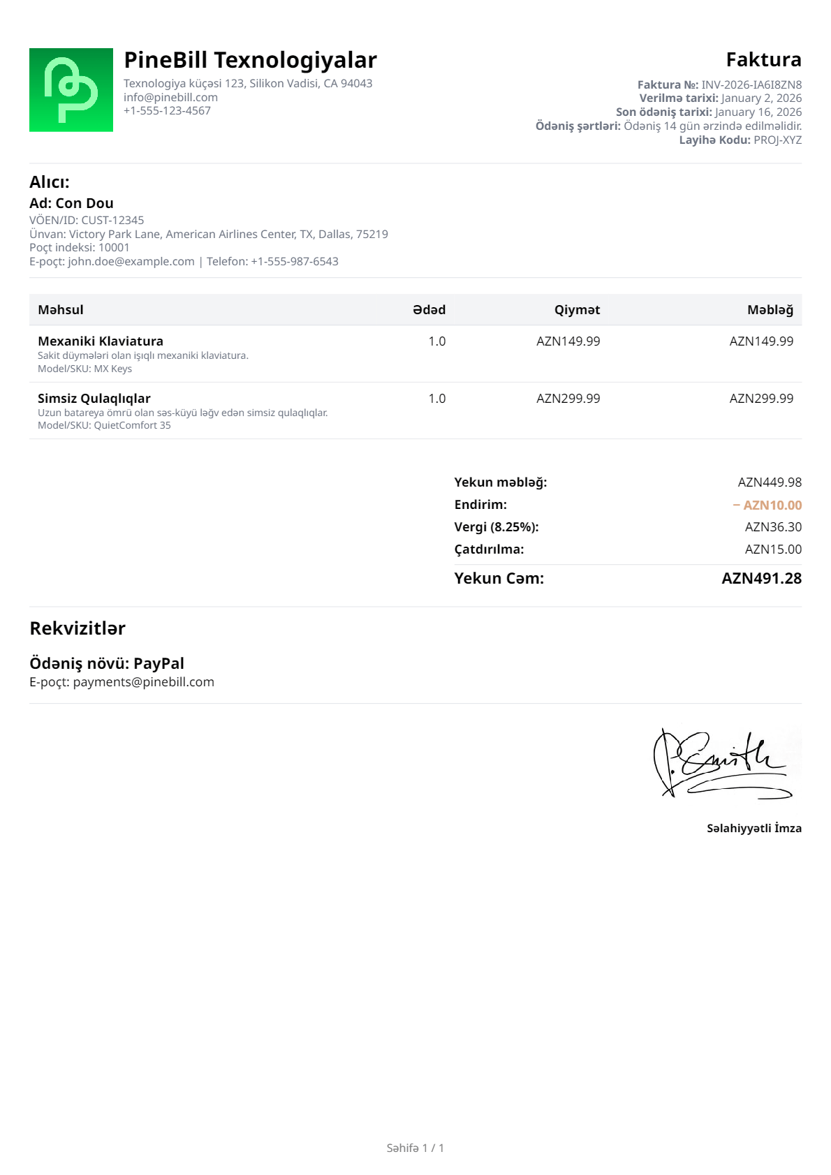 Azerbaijani Invoice Template 1