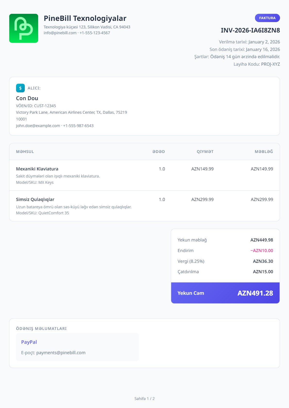 Azerbaijani Invoice Template 2