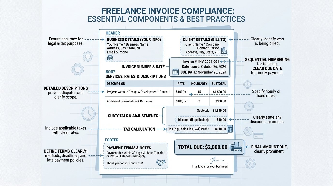Breakdown of key elements in a professional freelance invoice