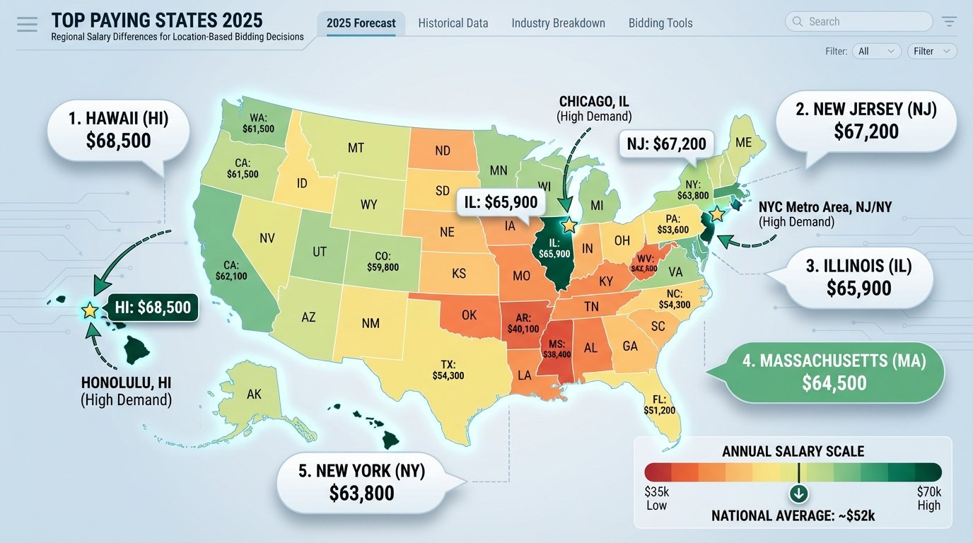 US map highlighting top-paying states for construction workers with salary figures