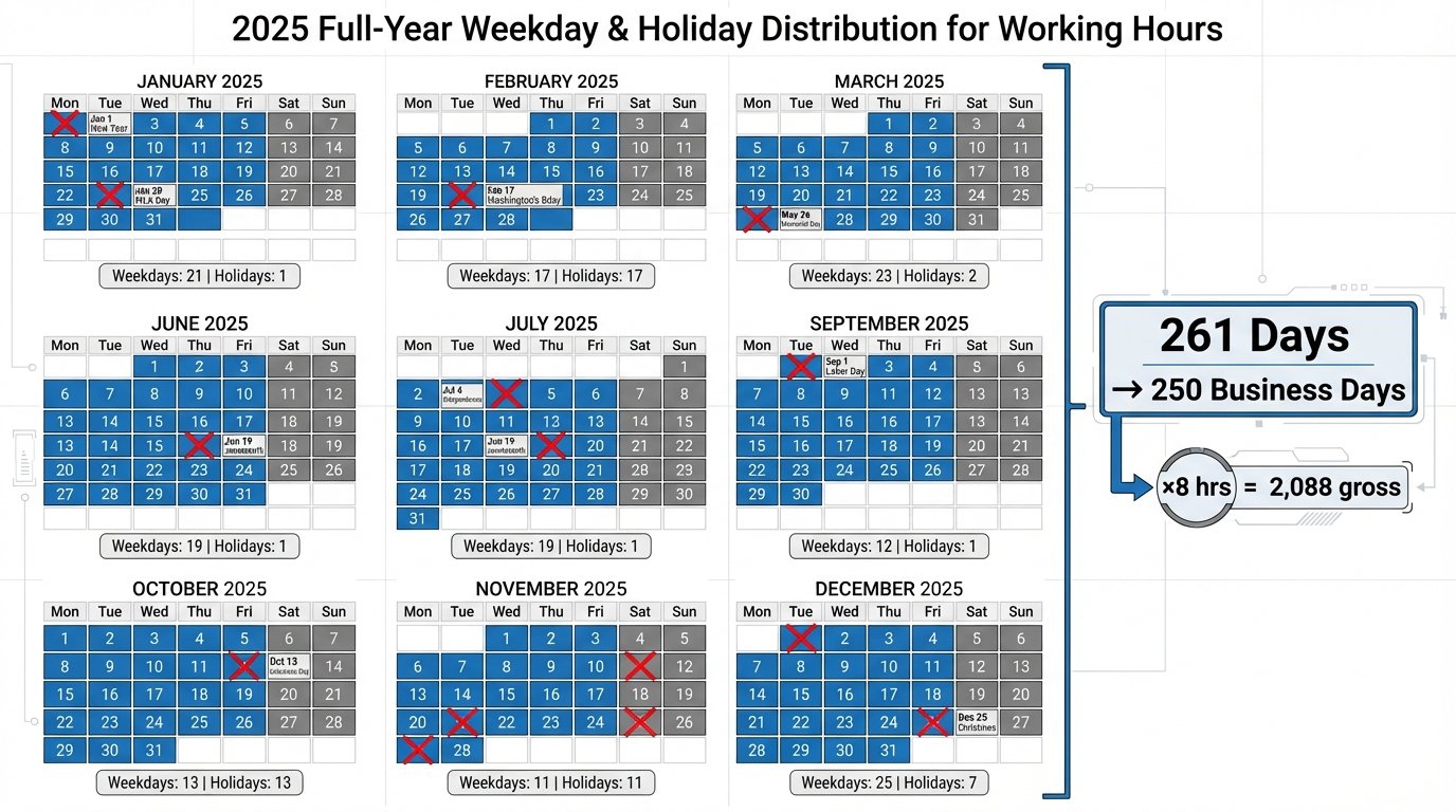 2025 calendar highlighting 261 weekdays and 11 federal holidays