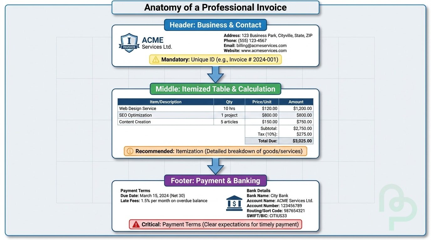 Diagram showing the anatomy of a professional freelance invoice with highlighted mandatory fields and branding areas.