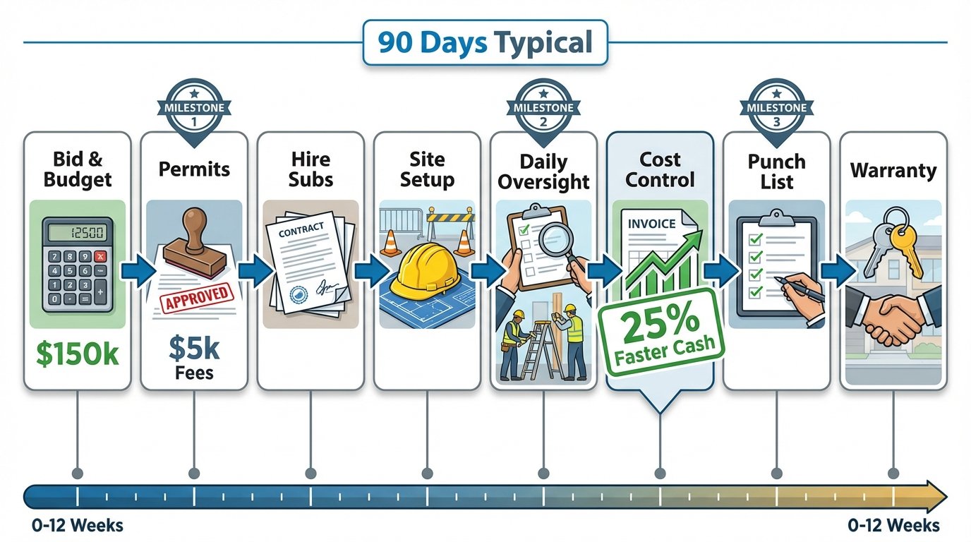 Flowchart showing 8-step process of general contractor responsibilities from bidding to warranty