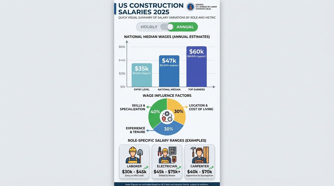Infographic showing average construction worker salaries by role and experience in 2025