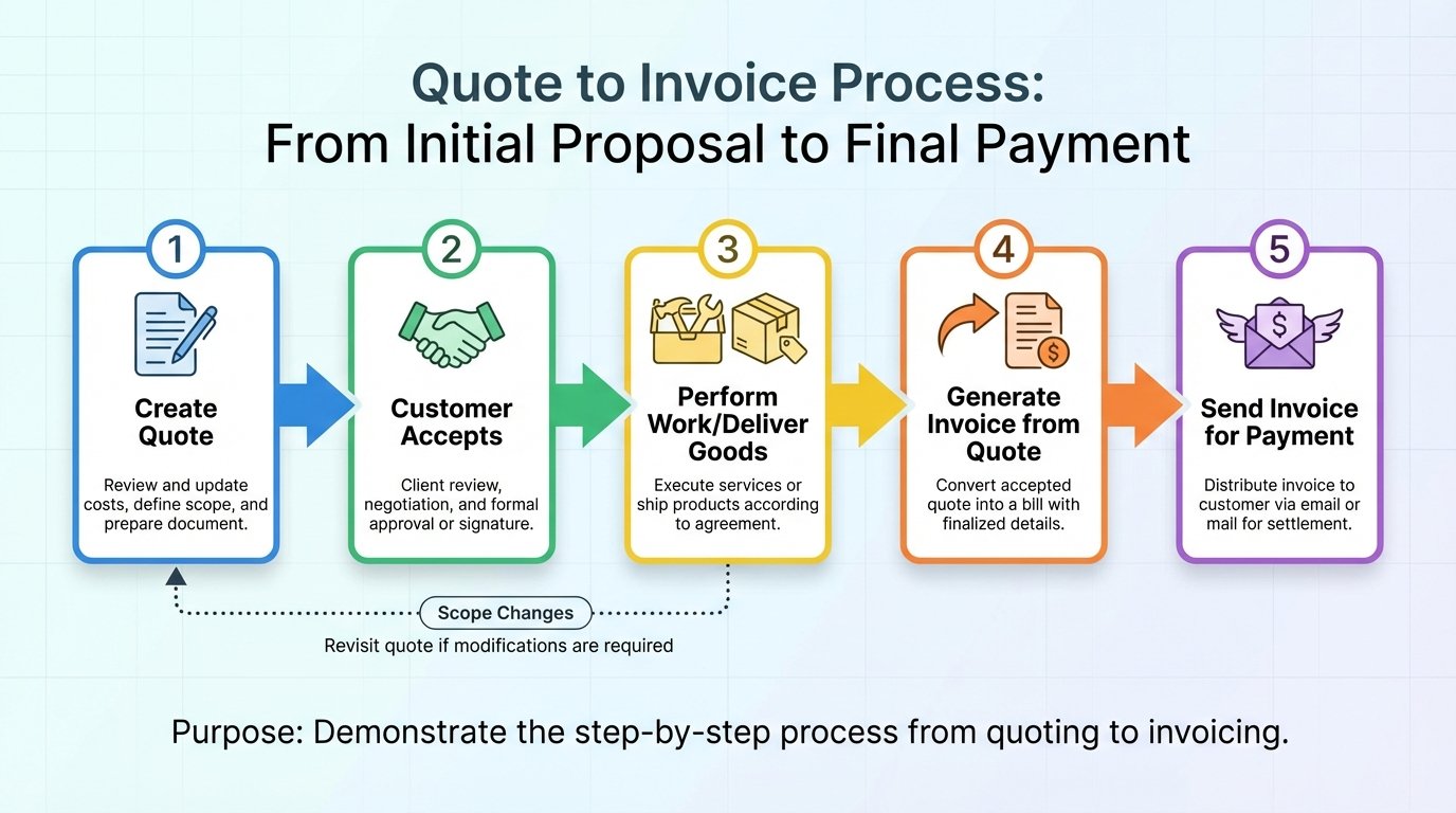 Flowchart illustrating the process from creating a quote to generating an invoice