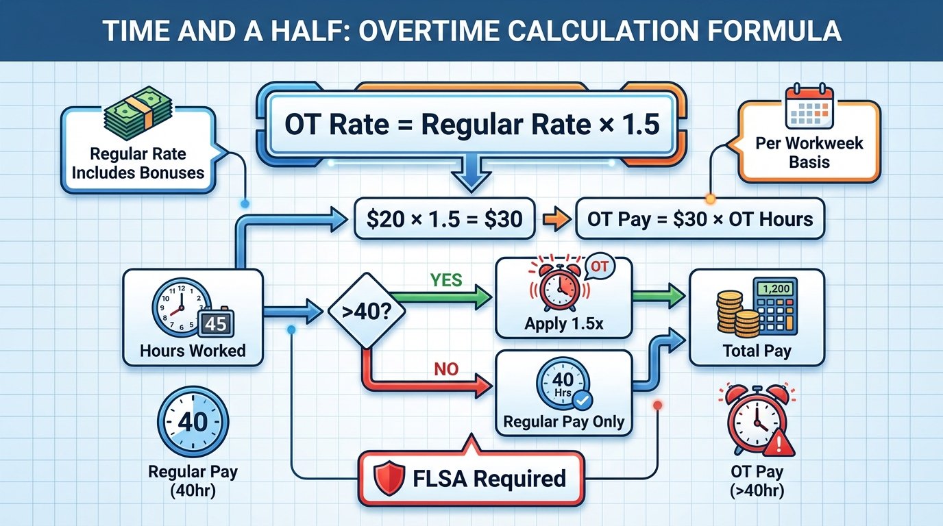 Visual breakdown of time and a half overtime formula: regular rate x 1.5