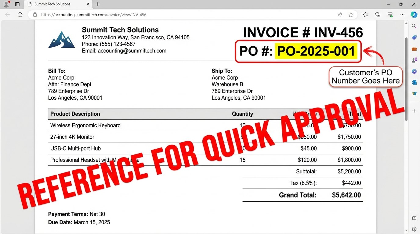 Invoice template showing PO number in header next to invoice number