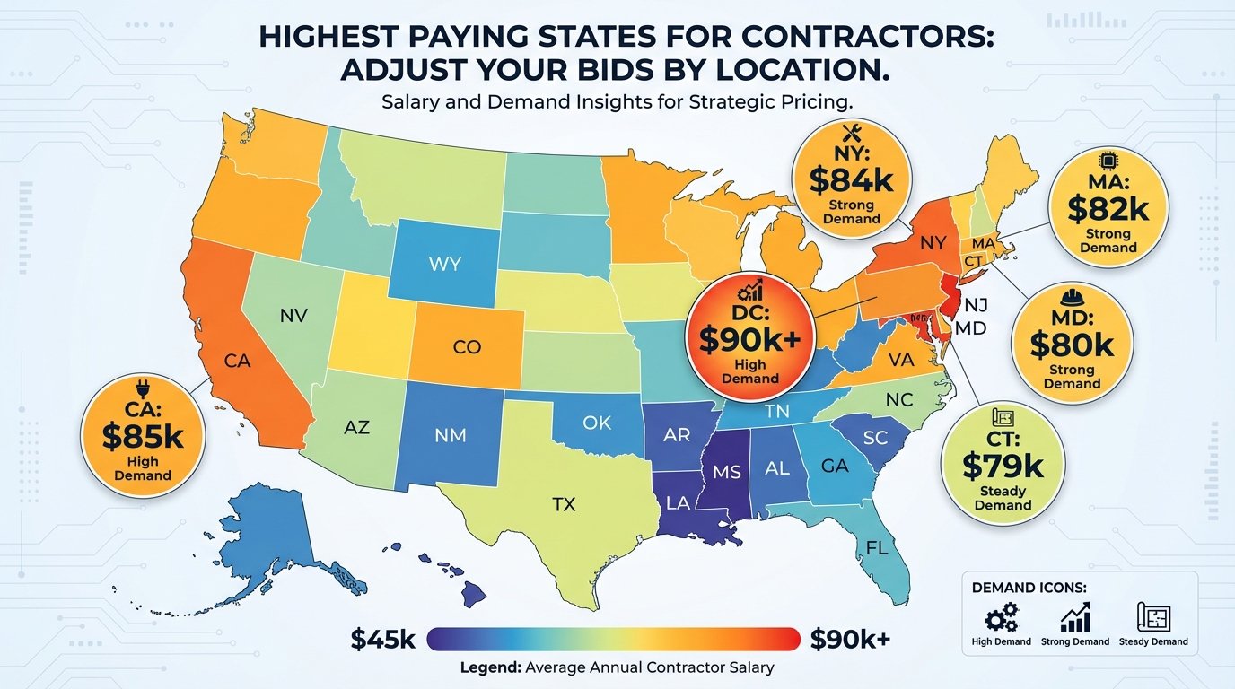 US map with salary heat map for electricians, highlighting top states