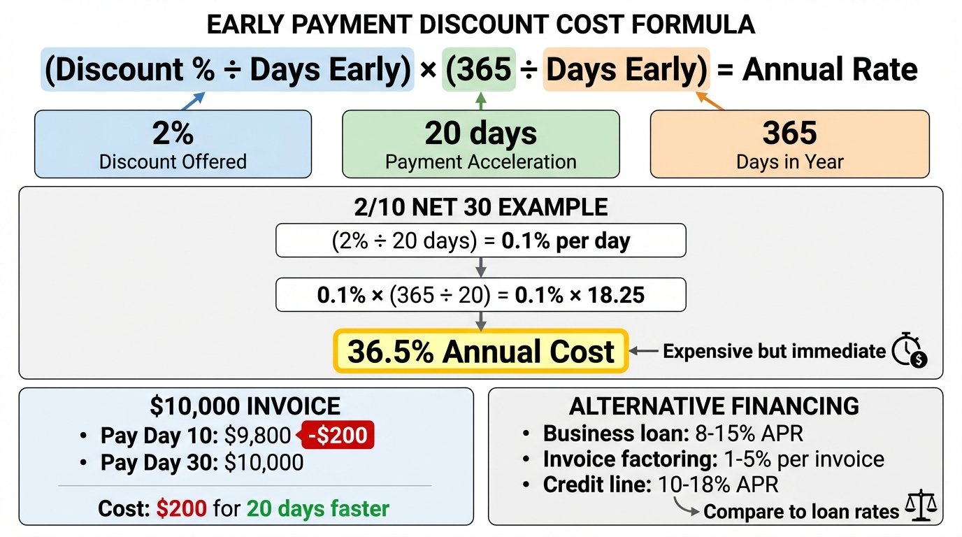 Formula breakdown showing how 2/10 Net 30 terms translate to 36.5% effective annual rate with worked example