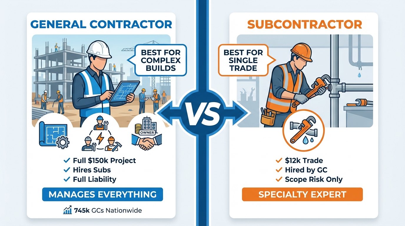 Comparison diagram showing general contractor vs subcontractor responsibilities and differences