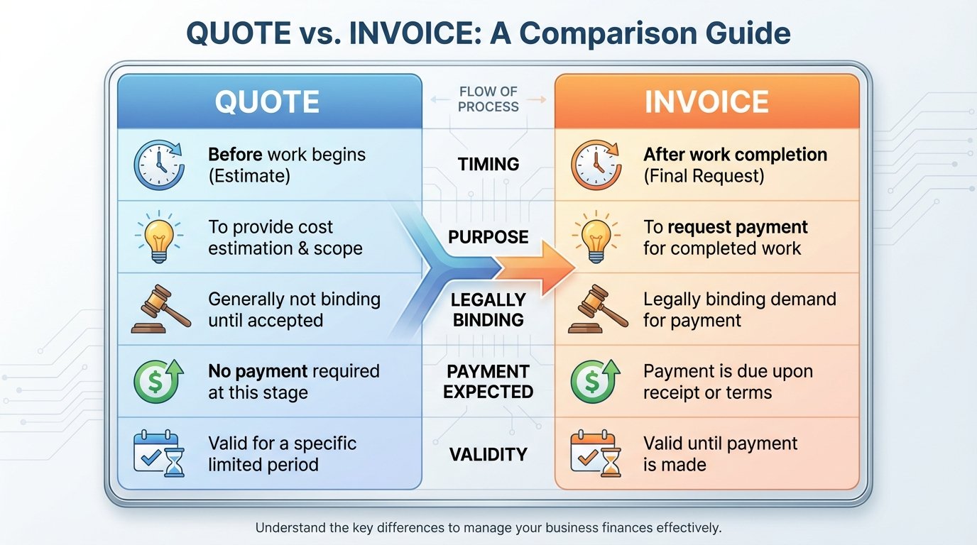 Visual comparison table showing differences between a quote and an invoice