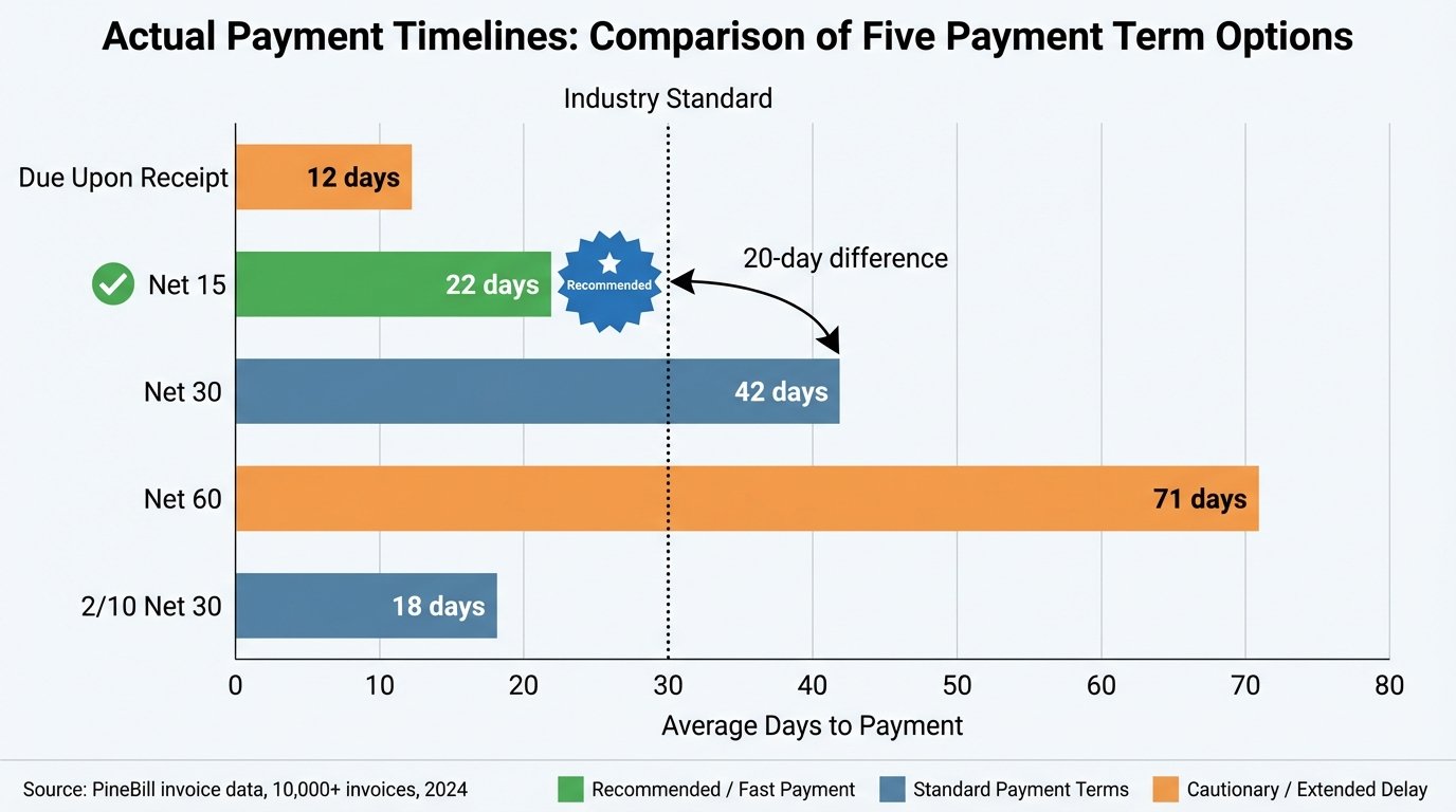 Bar chart comparing average payment days across five invoice payment terms from Due Upon Receipt to Net 60