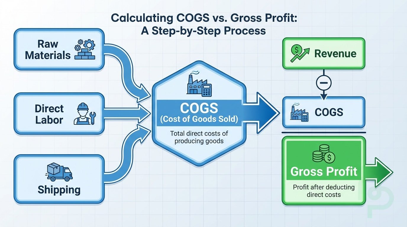A process flow diagram showing how variables like materials and labor combine to form COGS for gross profit calculations.