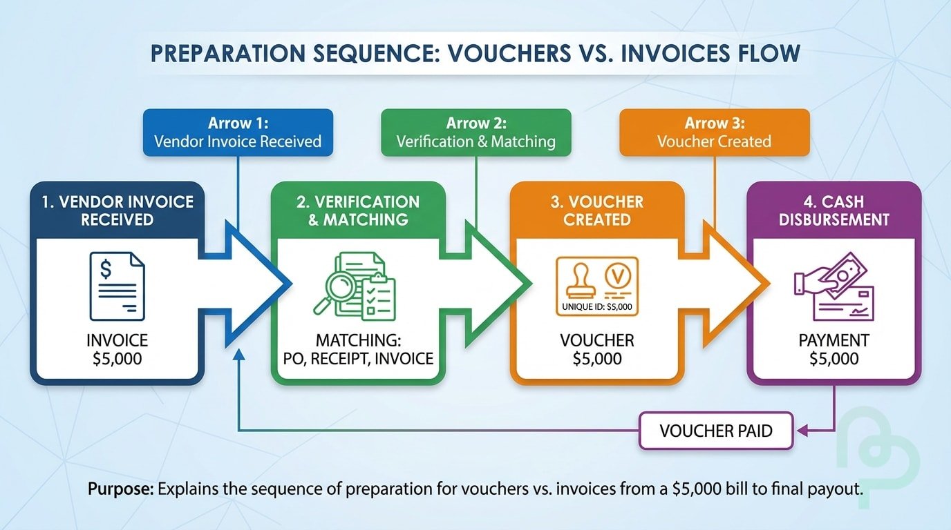 A diagram showing the step-by-step process from receiving a vendor invoice to creating a payment voucher