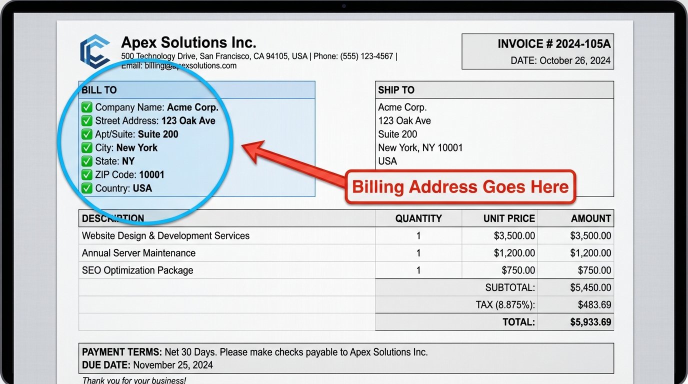 Professional invoice highlighting the billing address section