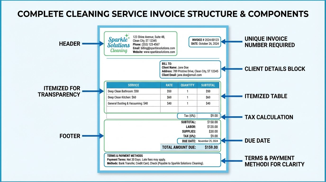 Breakdown of a sample cleaning service invoice showing line items for services and materials