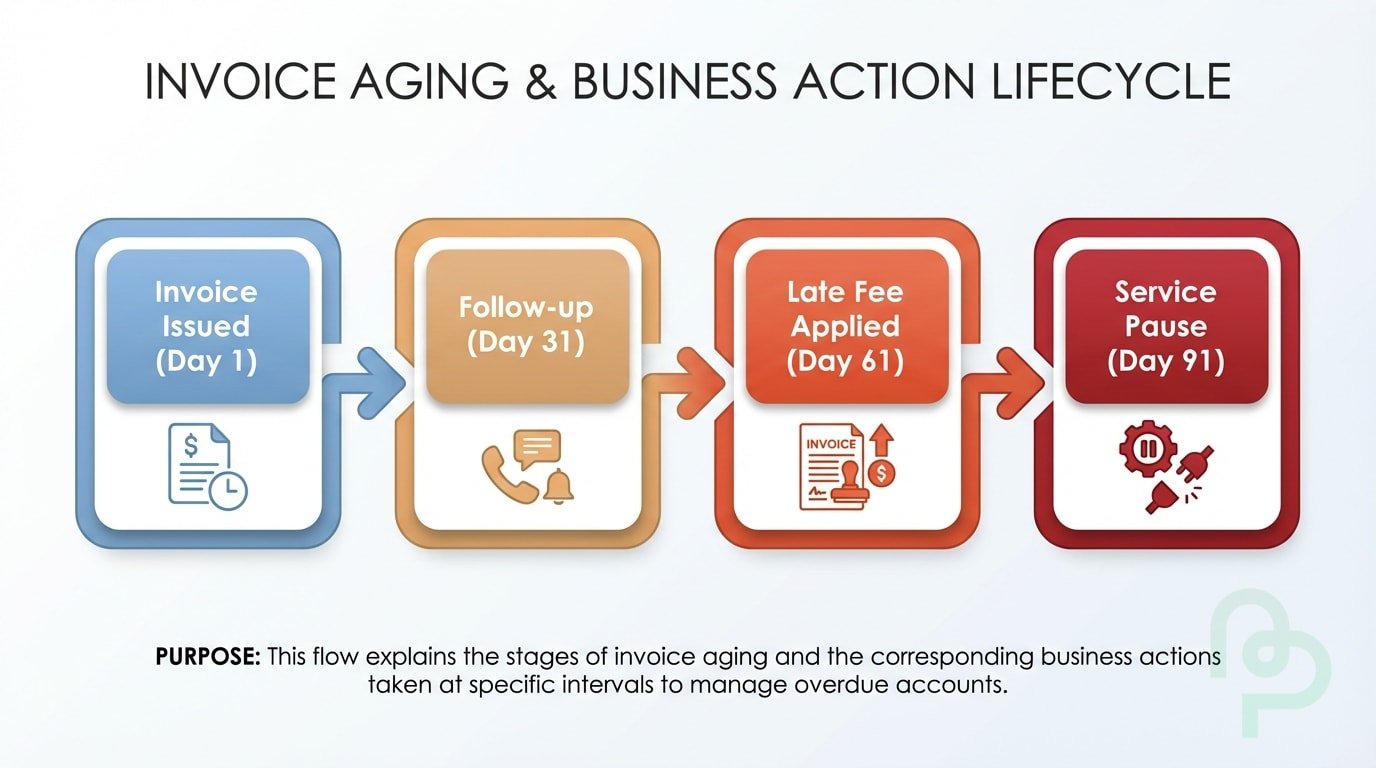 A process flow diagram showing an invoice moving from sent to 30 days then 60 days late