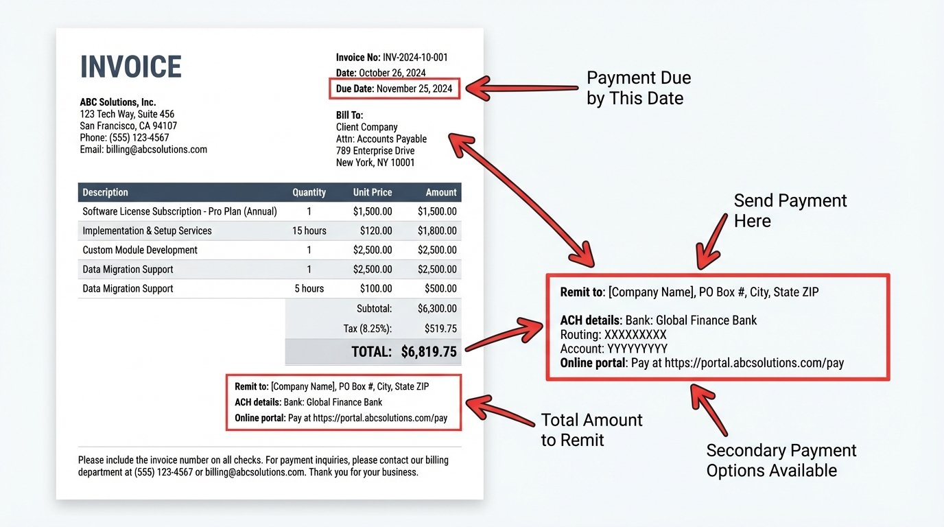 Sample invoice highlighting the remittance address section
