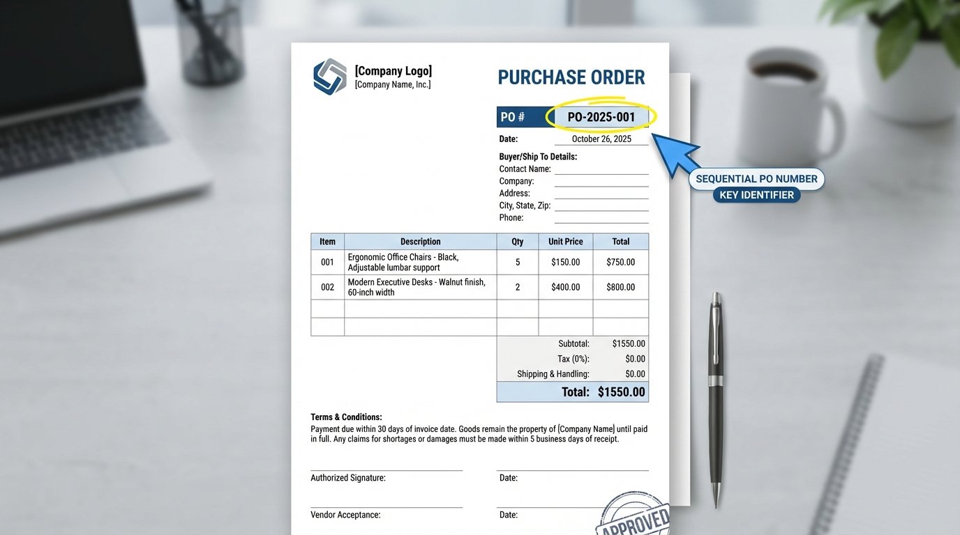 Sample purchase order form highlighting the PO number field