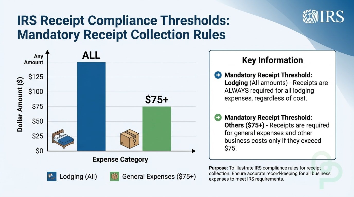 Chart showing IRS receipt requirements for lodging and expenses over $75 threshold