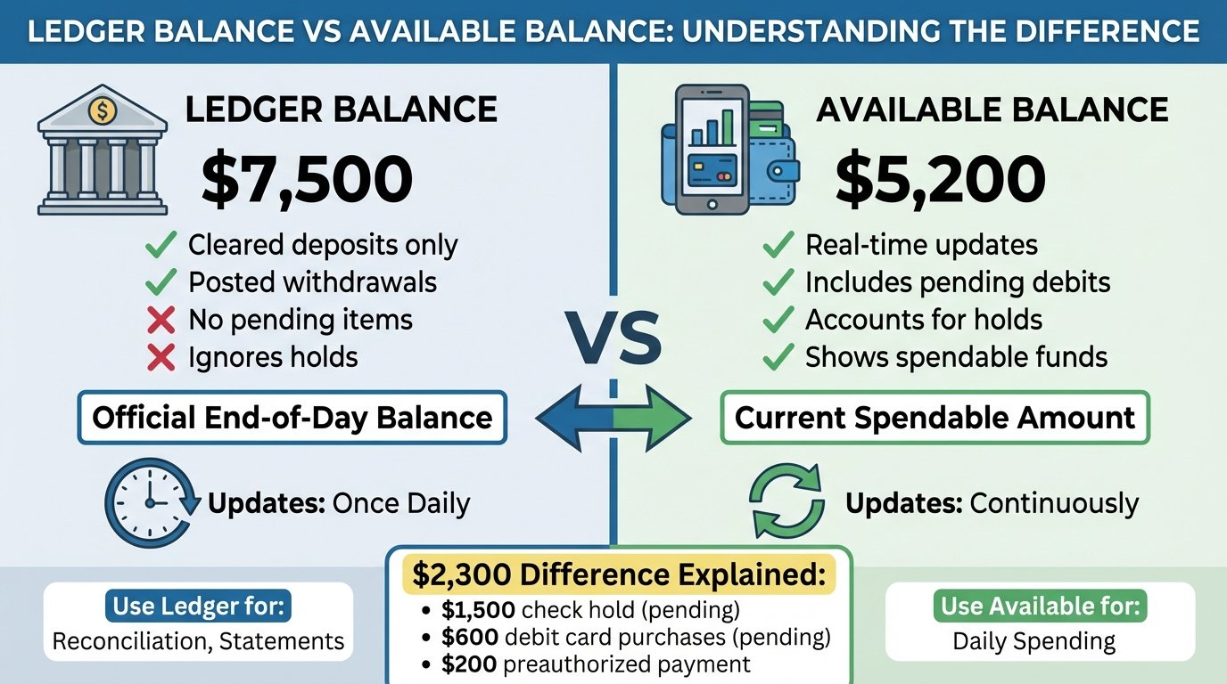 Side-by-side comparison diagram showing ledger balance versus available balance differences for business bank accounts