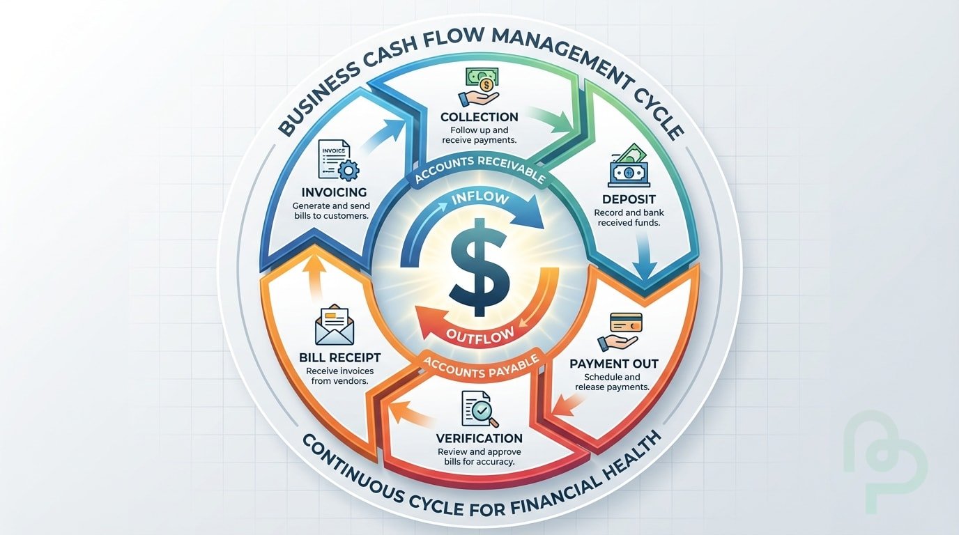A process flow diagram comparing accounts payable outflow with accounts receivable inflow for business transactions.