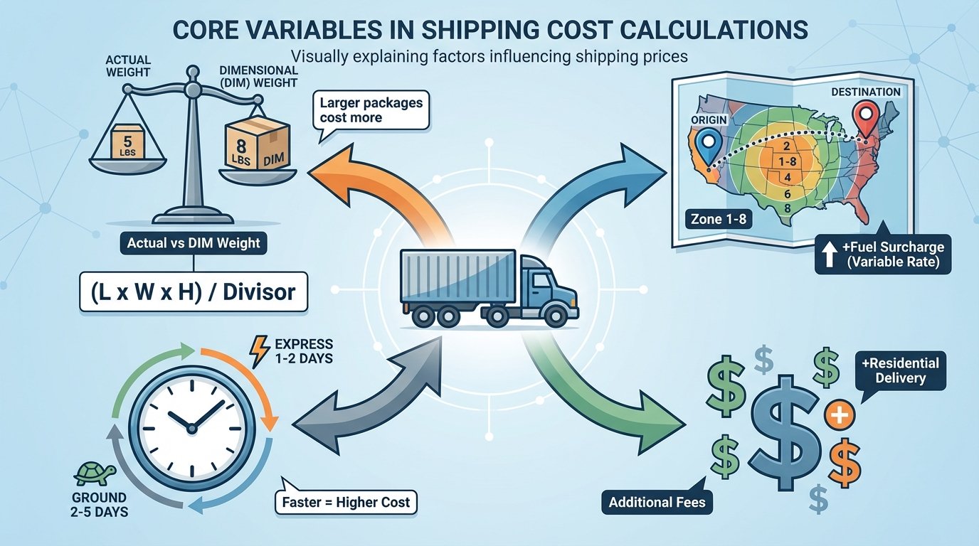 Diagram showing key factors in estimating shipping costs: weight, dimensions, zones, speed
