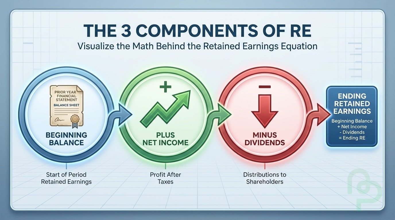 Simple math breakdown of Beginning RE plus Net Income minus Dividends for business equity tracking