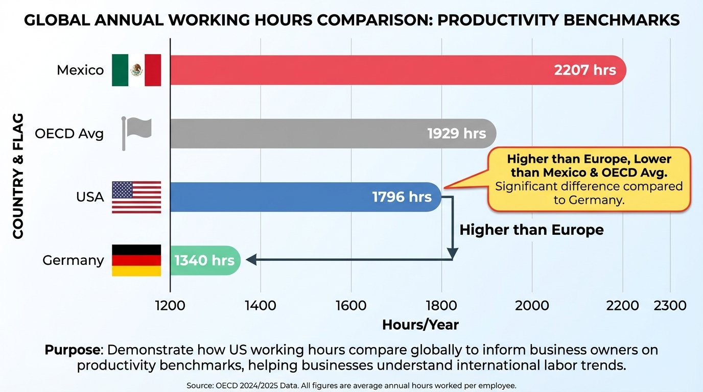 Bar chart comparing average annual working hours across OECD countries including US, Mexico, Germany