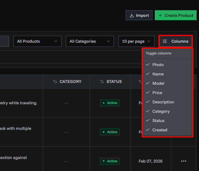 Column visibility toggle