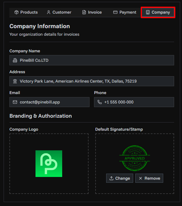 Company Information Tab