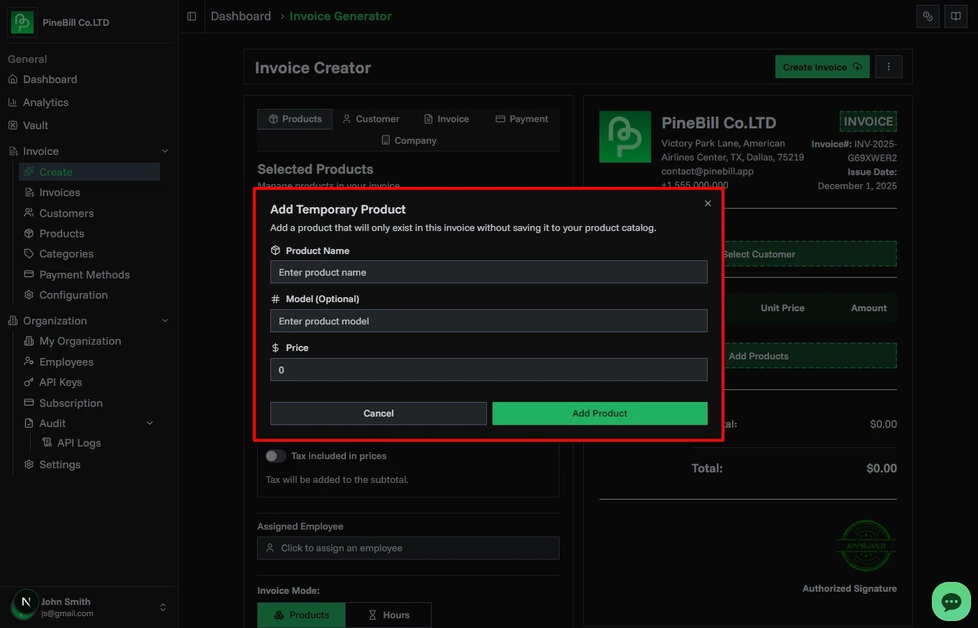 Add temporary product form