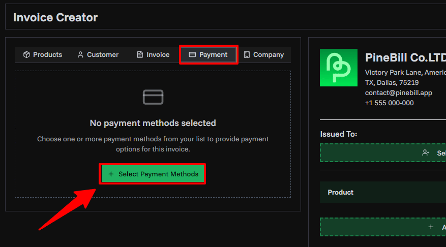 Selecting payment methods during invoice creation