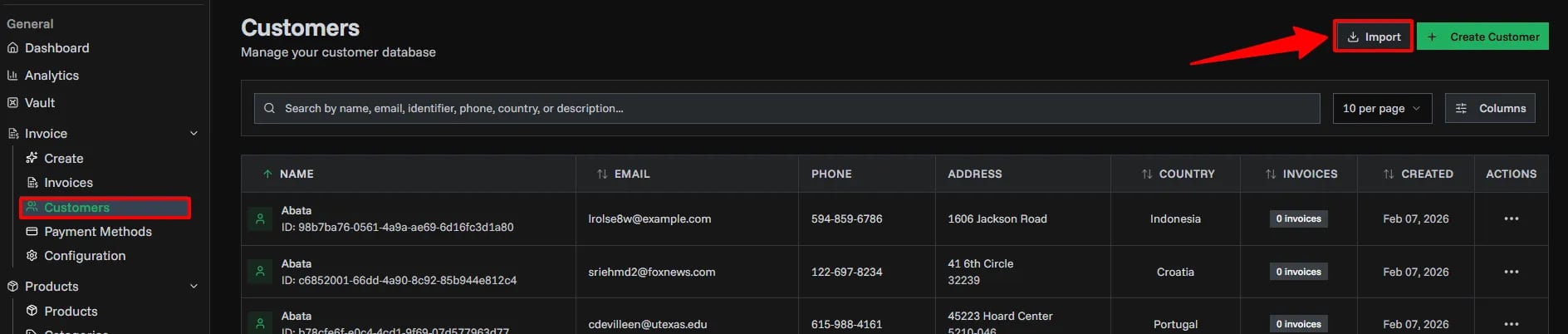 Import button on customers page