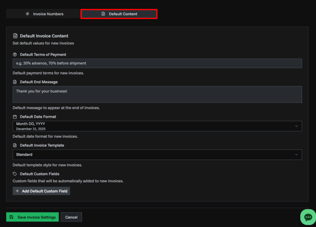 Invoice Settings Page Overview