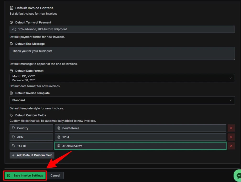 Invoice Settings Page Overview