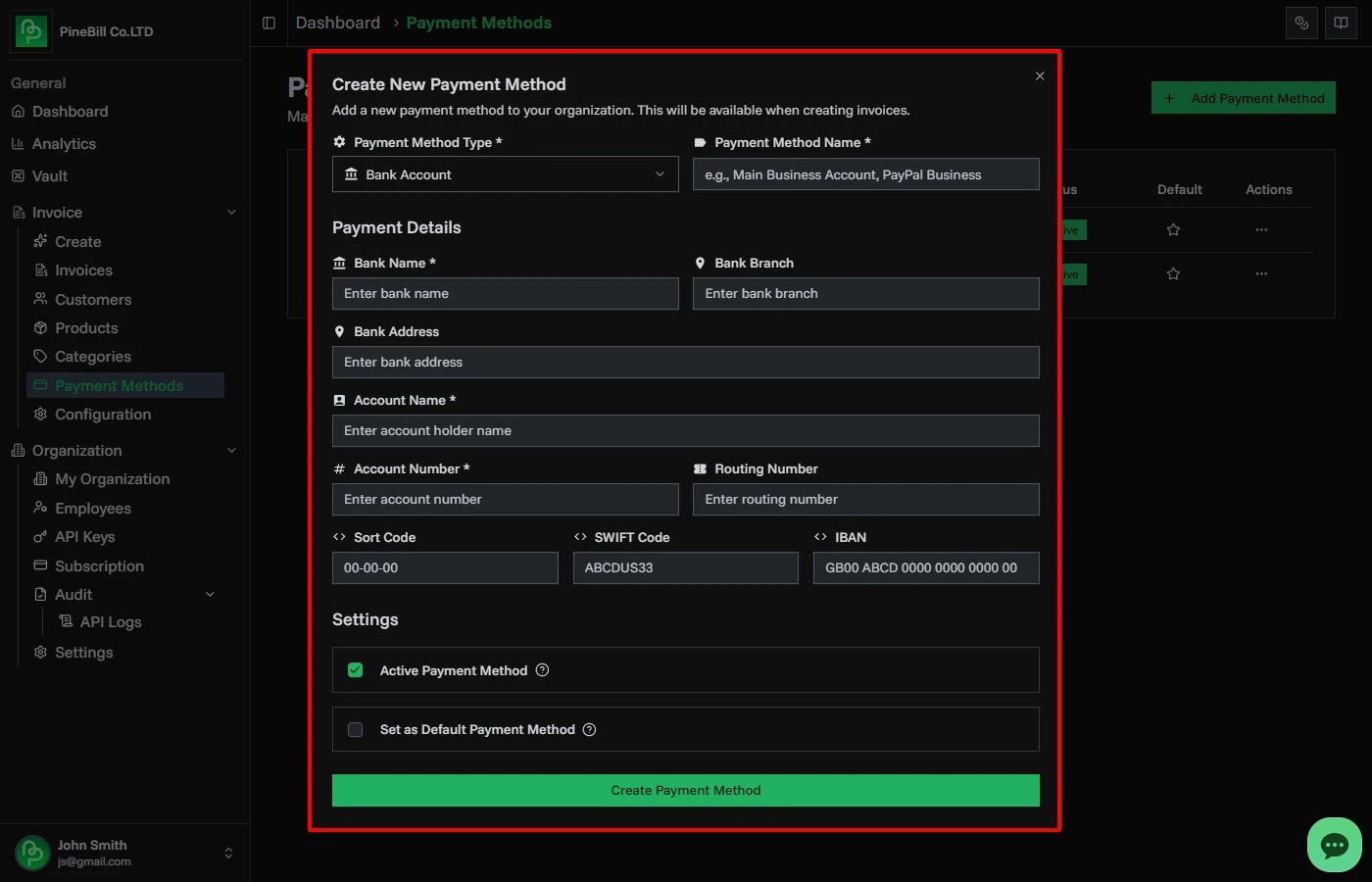 Add payment method button location