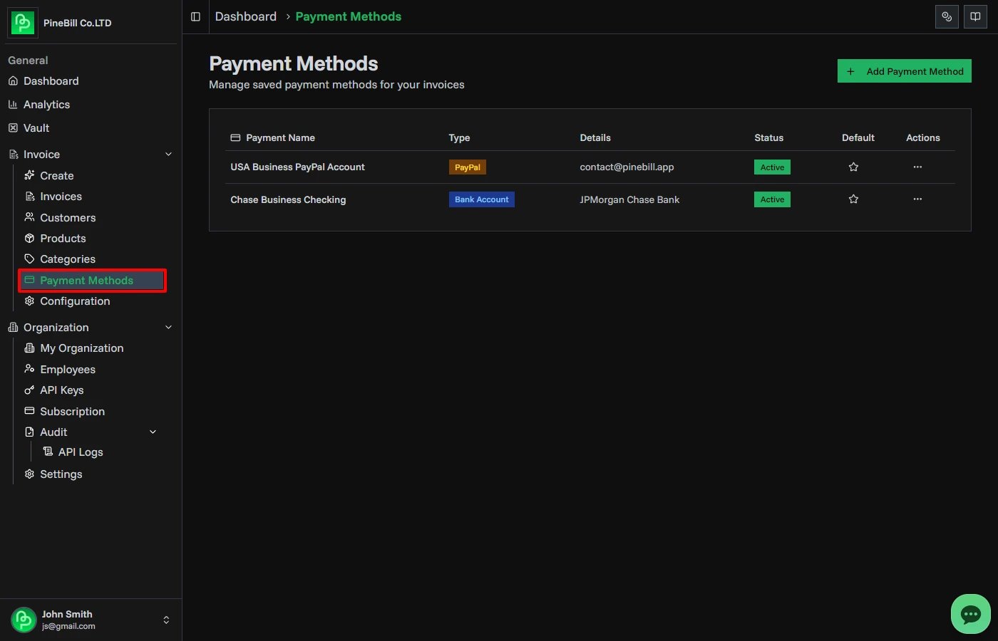 Payment methods list page