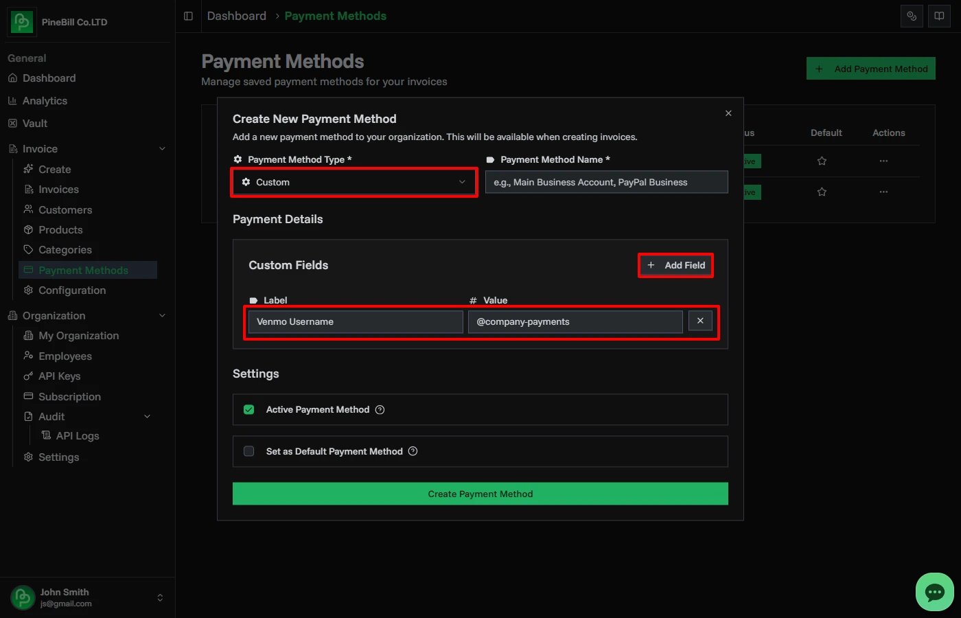 Bank payment method creation form