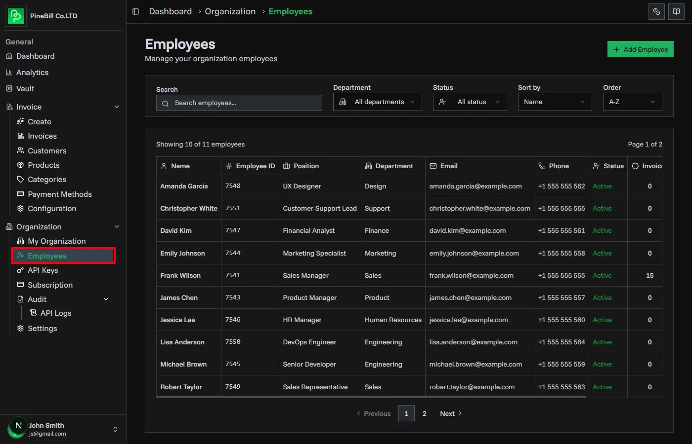 Employees list page