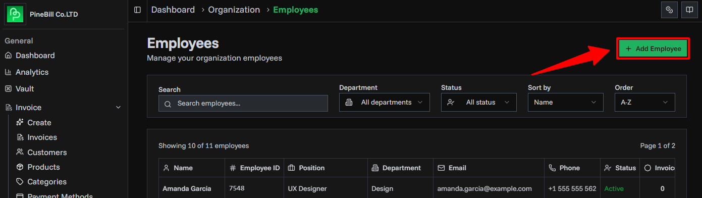Add employee button location