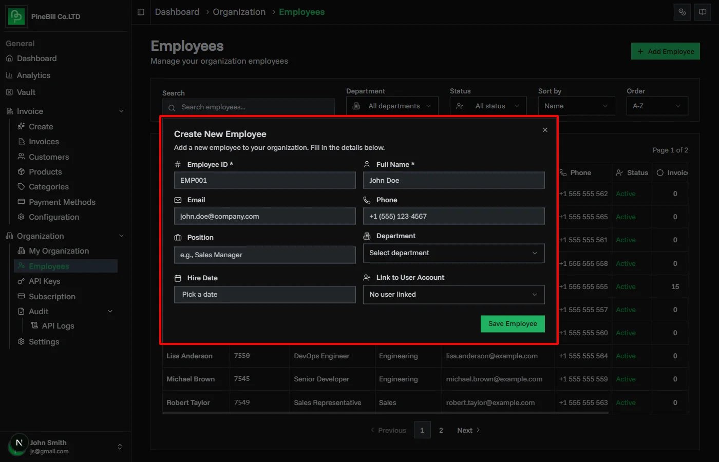 Employee creation form
