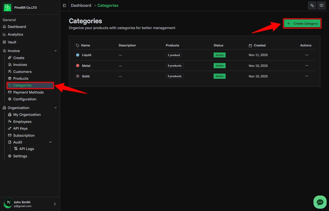 Products page showing category filtering
