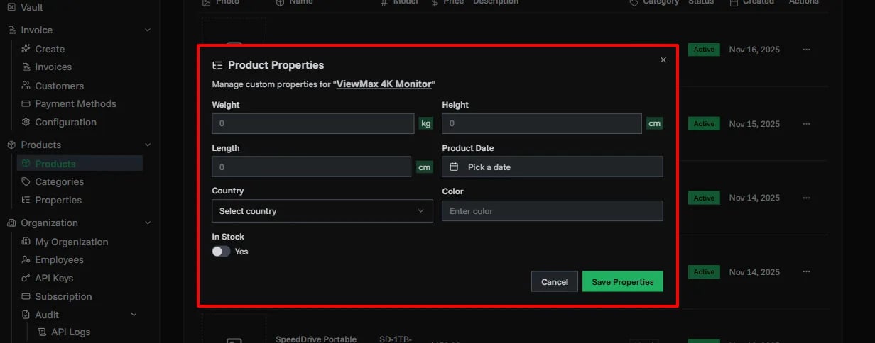 Products Properties Page