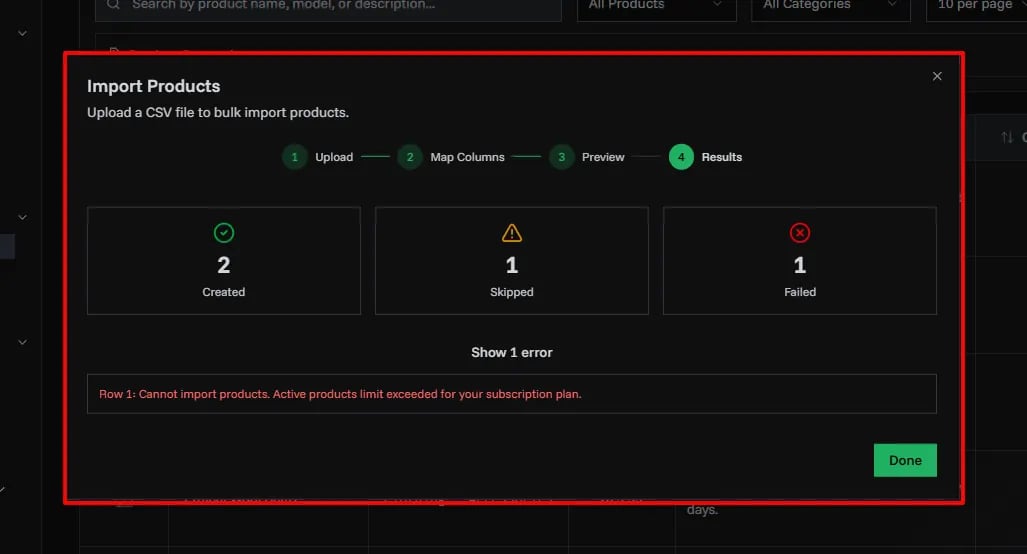 Import results summary
