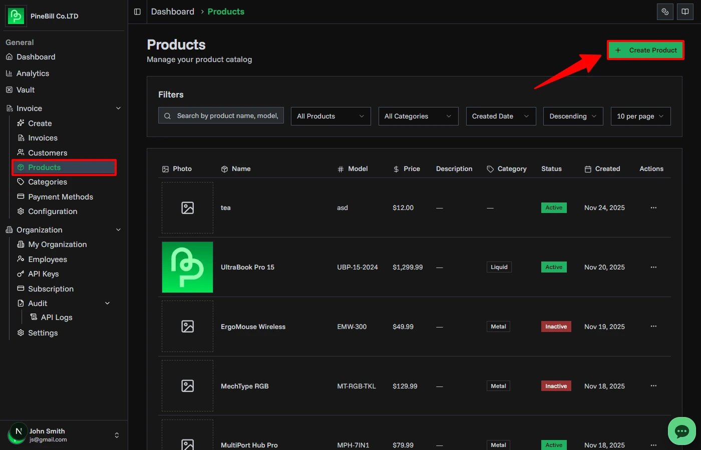 Products page overview