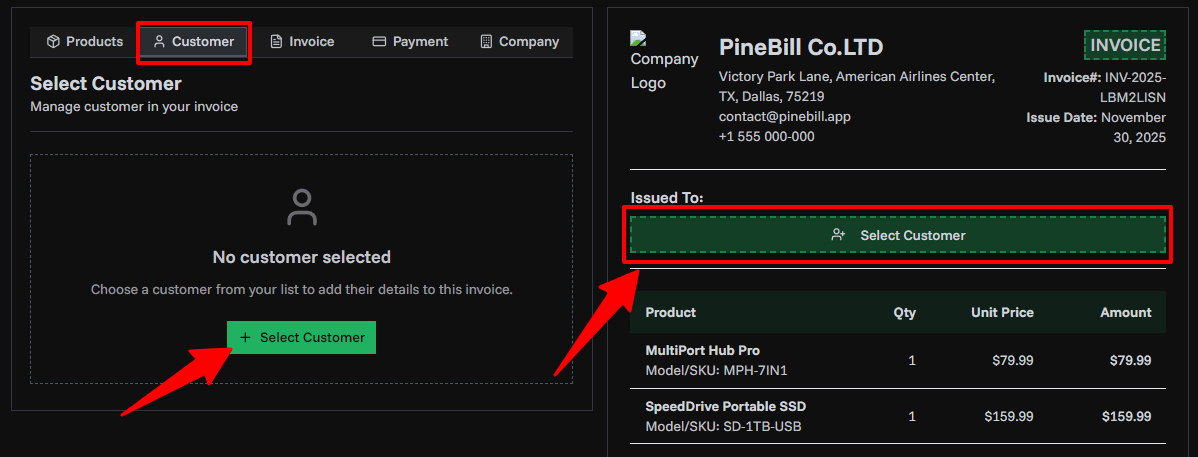 Customer Selection Tab