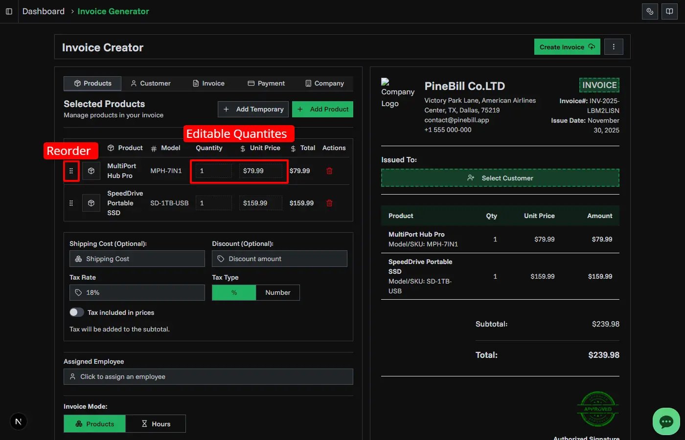 Products Tab Features