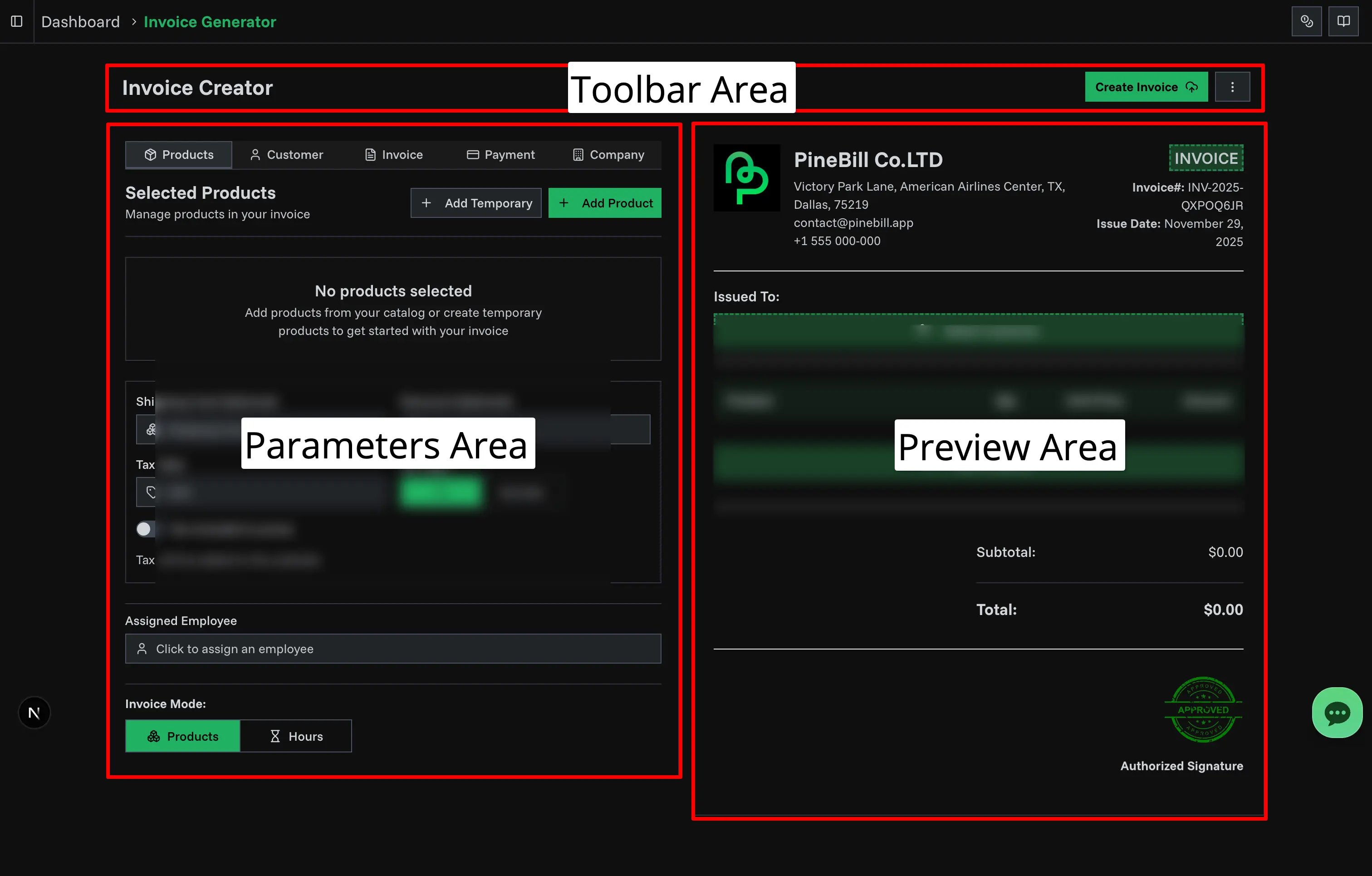 Invoice Generator UI Regions