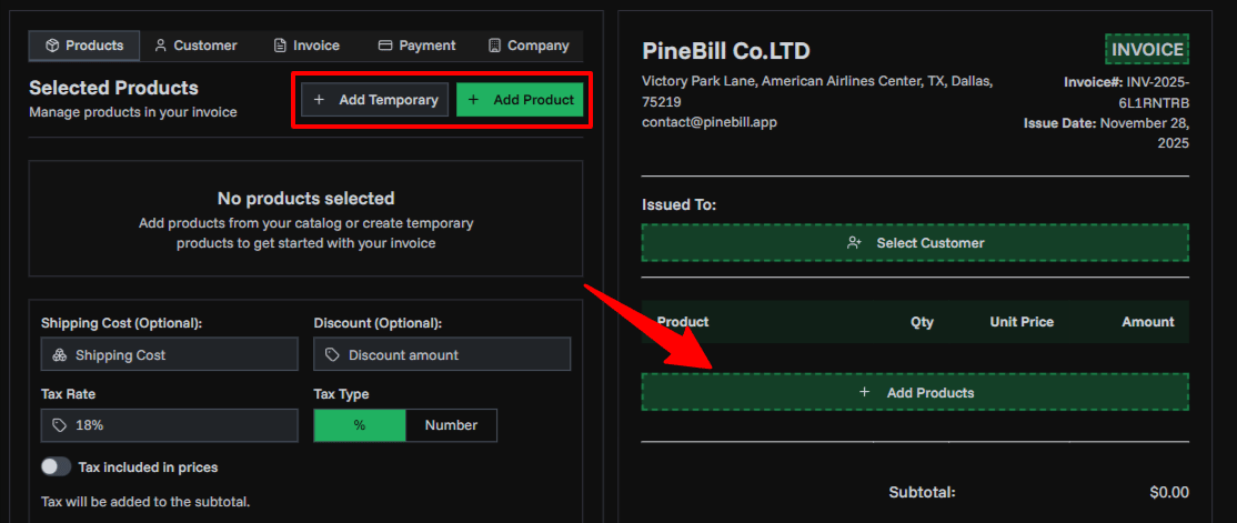 First Invoice Screenshot